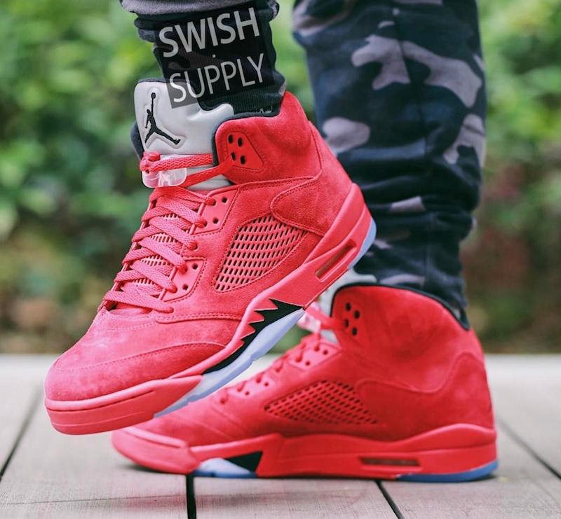 red suede 5s on feet